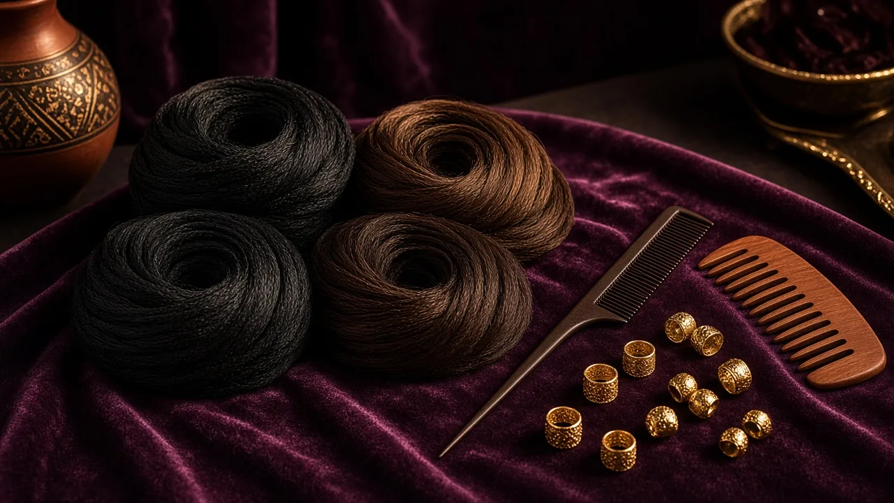 Coiled bundles of black and brown braiding hair with a rat-tail comb, a wooden comb and gold hair cuffs on plum velvet